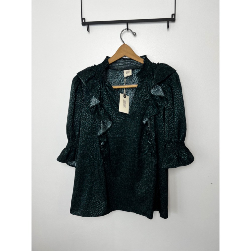 Good Hart Teal Black Animal Print Ruffle Smocked V-Neck Blouse NWT L Holiday‎
